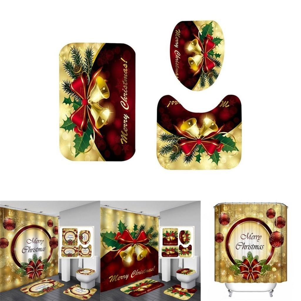 Festive Christmas Bathroom Set With Waterproof Shower Curtain And Non-slip Mats