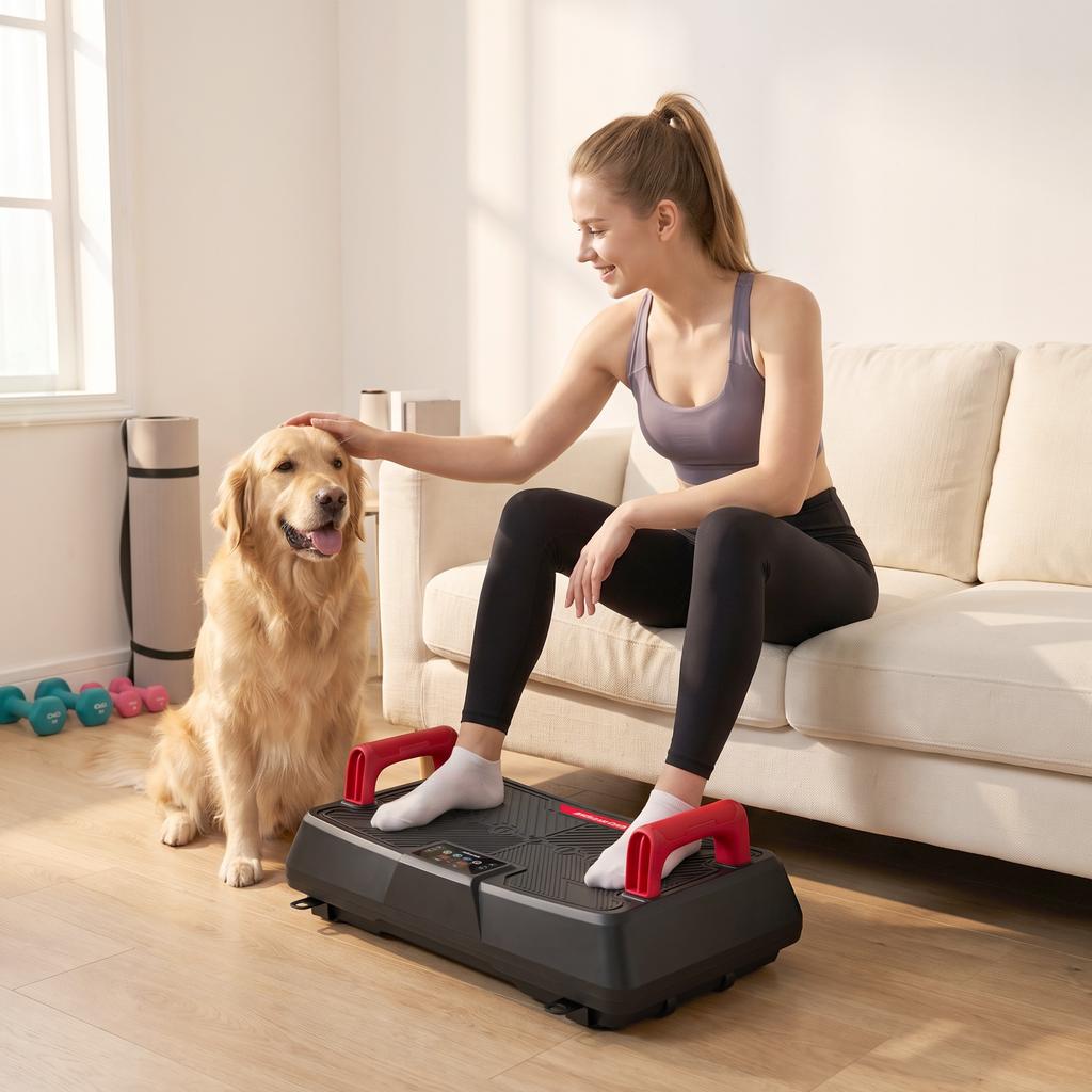 Vibration Plate Quiet Vibration Platform with Seat 99 Intensity Levels 3 Preset Programs Height-Adjustable & Removable Handles