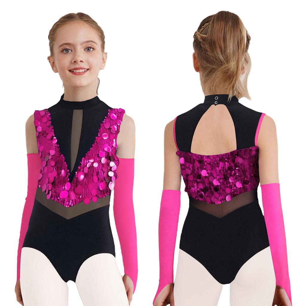 Kids Dance Leotard with Gloves Mock Neck Cutout Back Sparkling Sequins Color Block Performance Outfit