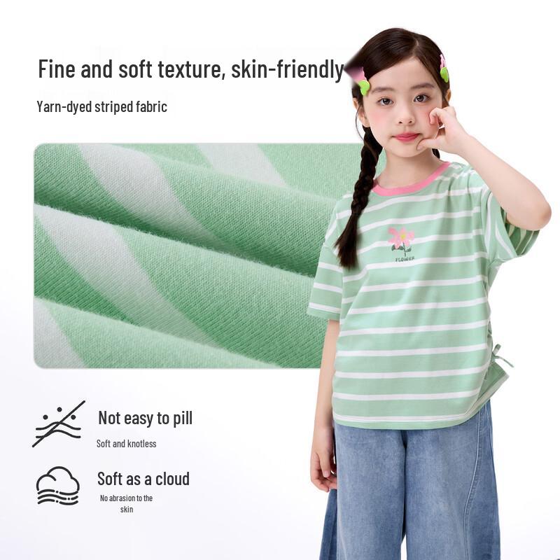 Girls' Striped Colorblock Bow Short Sleeve T-shirt
