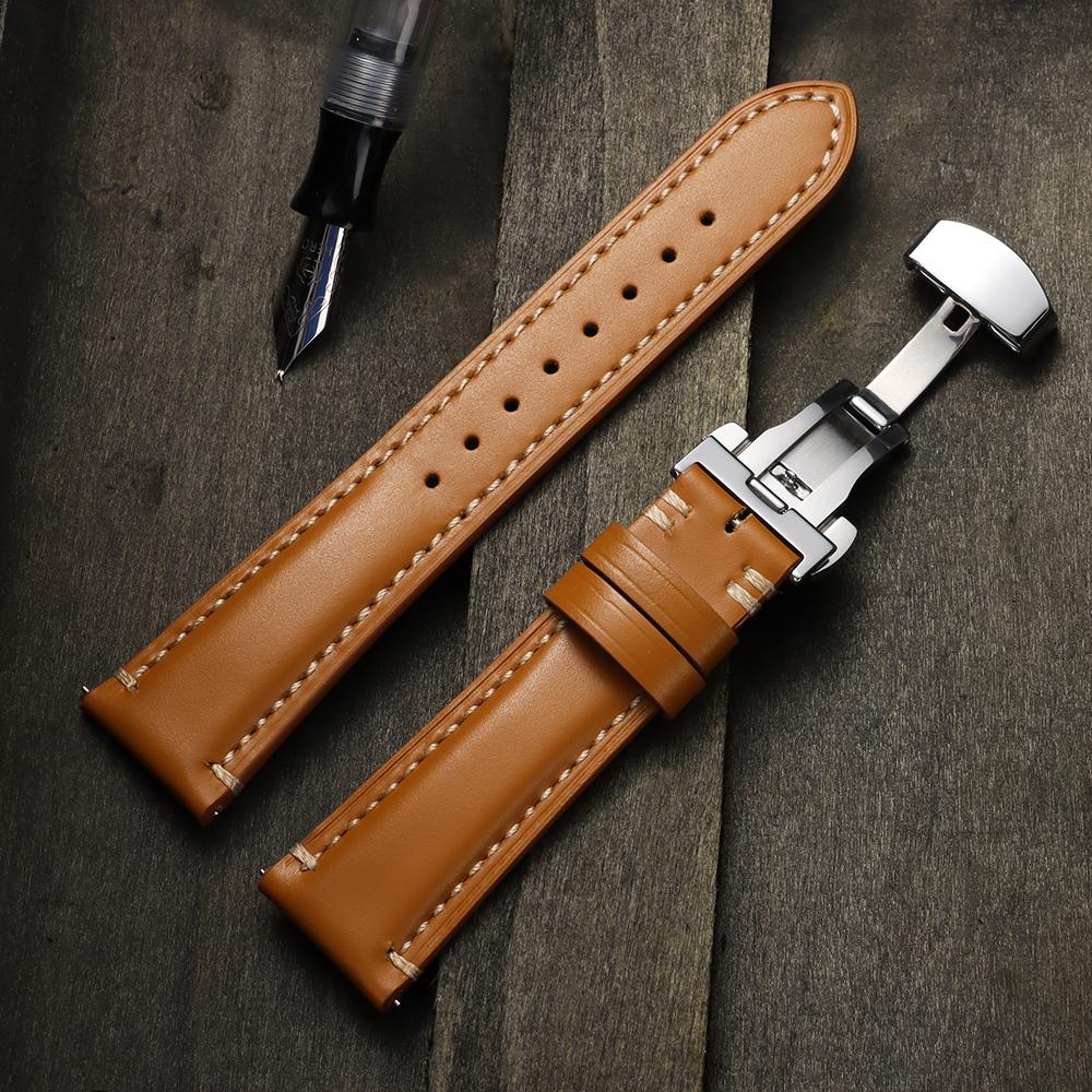 20mm 22mm 24mm Echtes Lederarmband für Omega Business Schnellverschluss-Uhrenarmband für Seiko Schmetterlingsverschluss Nähte Braunes Armband
