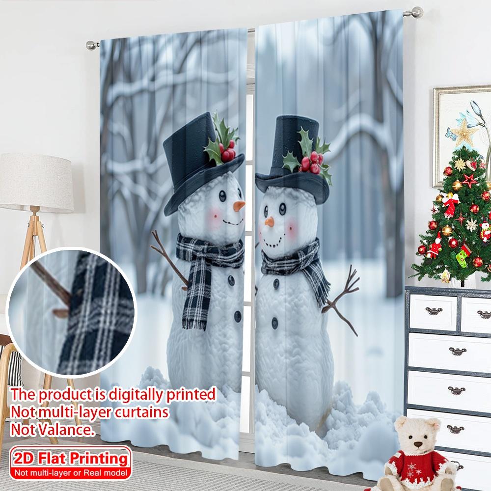 2pcs 2D Flat Printing Christmas Curtain Cute Snowmen Christmas Watercolor Polyester Without Electricity Holiday Decorations Use