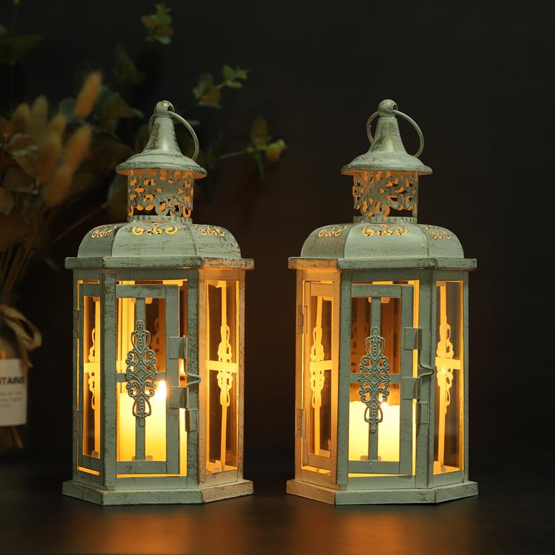 RTS Azioni USA Set di 2 Lanterne Candela Decorative in Metallo Bianco Vetro Stile Marocchino Vintage Portacandele Lanterna da Appendere