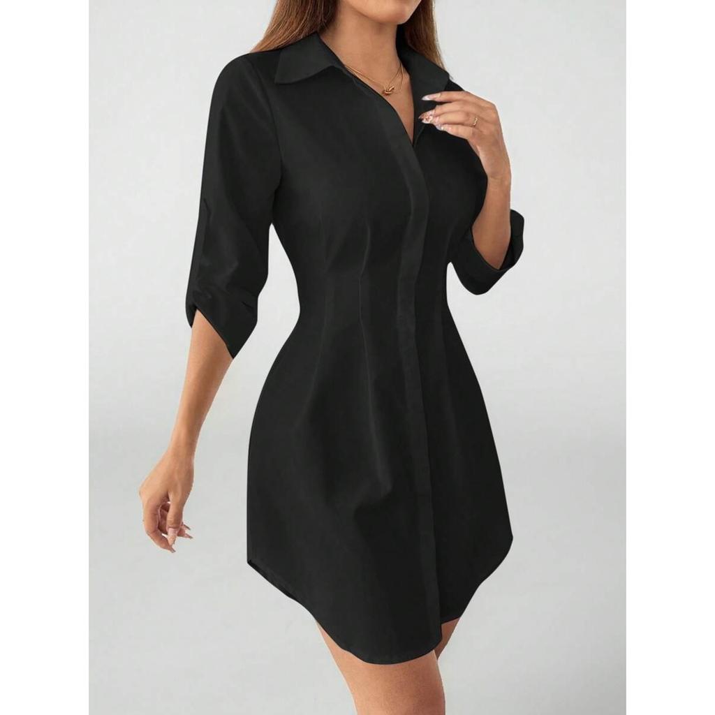 Spring Summer New French British Style Waist Cinched A-Line Solid Color Shirt Dress, Commuter Multi-color Dress