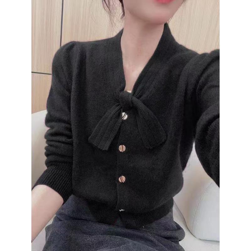 

Весенний новый простой и универсальный вязаный кардиган однотонный топ с бантом, с длинным рукавом, куртка-свитер One size