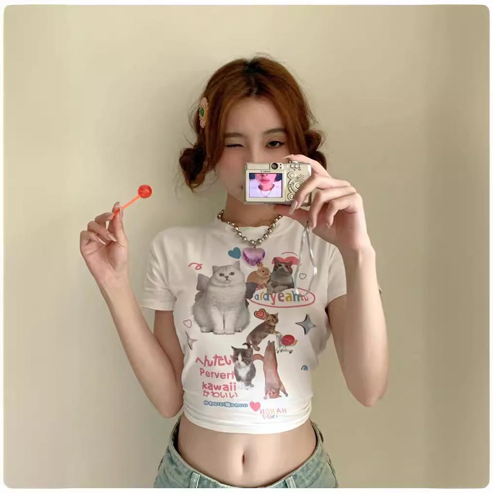 Cat Sweet Spice Girl Short Sleeve T-Shirt Women's Summer Design Sense Niche Pure Desire Sexy Skinny Shoulder Short Top