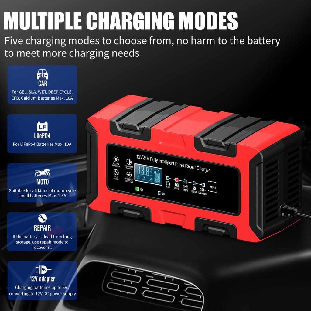 12V/24V 10A Smart Pulse Car & Motorcycle Battery Charger with Large Display