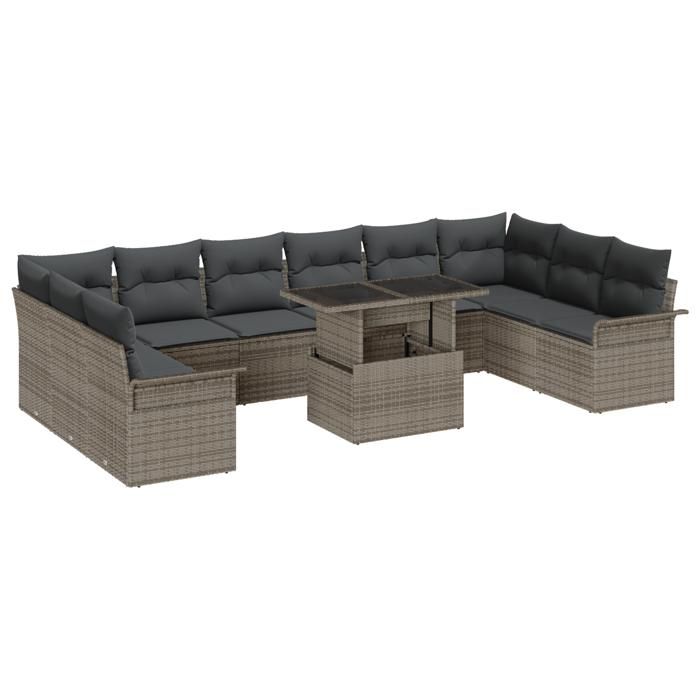 Set de canapé de jardin 11 pièces avec coussins gris poly rattan, Canapé de jardin 2 places avec rangement et coussins gris 3357092