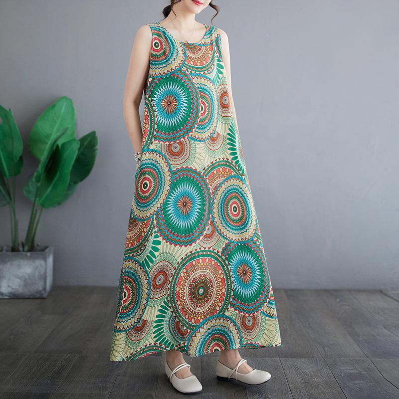 Summer Retro Loose Cotton Linen Printed Round Neck Sleeveless Vest Mid Length Dress for Women Casual Dresses