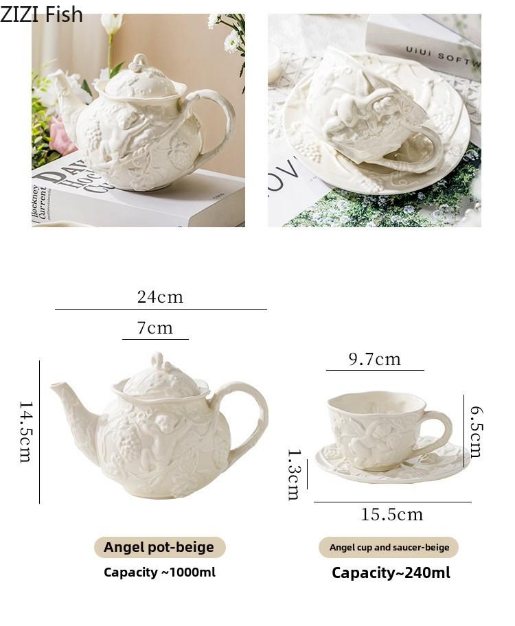 Emboss Ceramic Teapot Black Tea Cup Saucers Set Retro Afternoon Tea Coffee Cup Saucer Couple Cup Set Home Creative Drinkware Mug