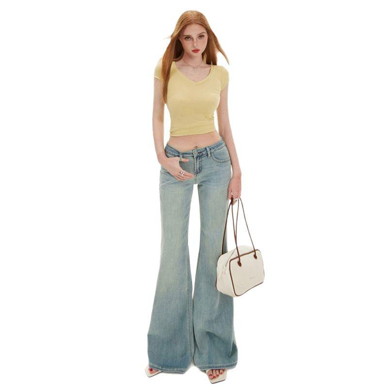 Women's Light Blue Micro-Flared Low-Waist Jeans: New for Spring & Autumn 2025, Slim Fit, Elastic, Spicy Girl Style