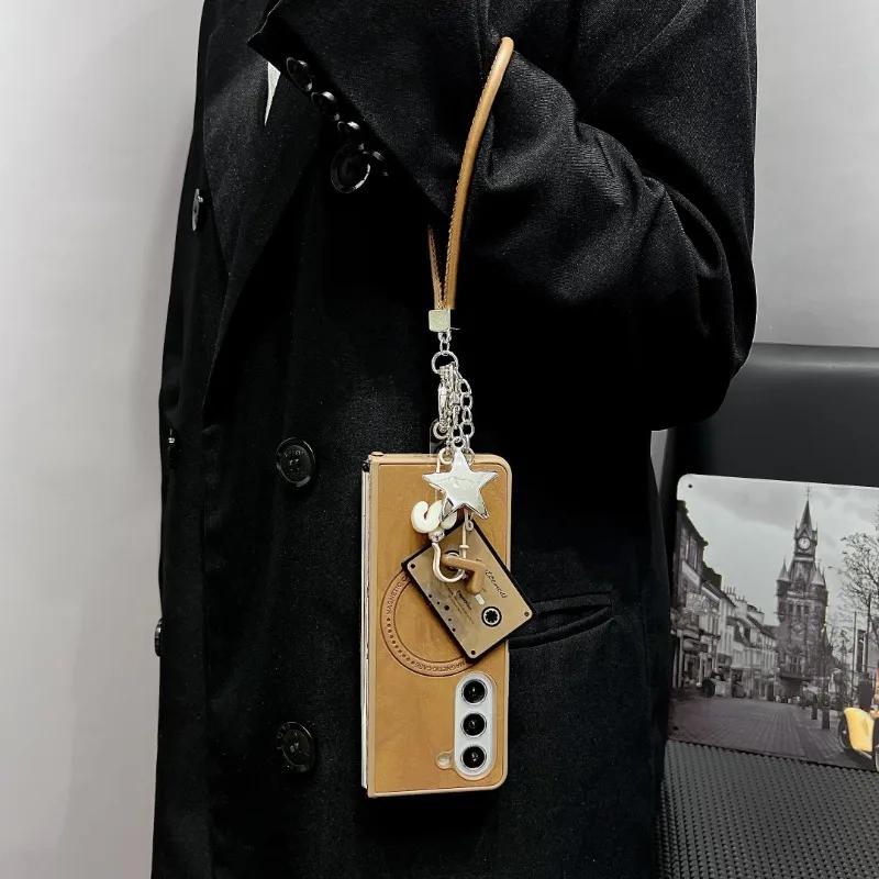 Magnetic Wrist Strap Cute Stars Wireless Charging PU Leather Phone Case for Samsung Galaxy Z Fold 6 5 4 3 Protective Cover