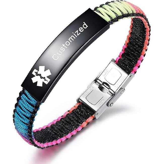 Medical Alert Bracelet for Women | T1D T2D Diabetes Epilepsy Medical Alert ID Emergency Bracelet for Girls & Boys | Handmade Nylon Rope Braided