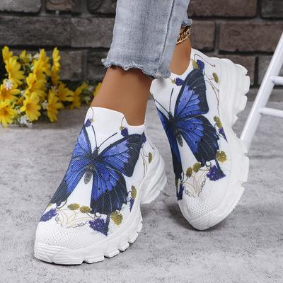 Butterfly Print Platform Sneakers Women Slip-On Breathable Knitted Sports Shoes Woman Thick Bottom Non-Slip Casual Walking Shoes