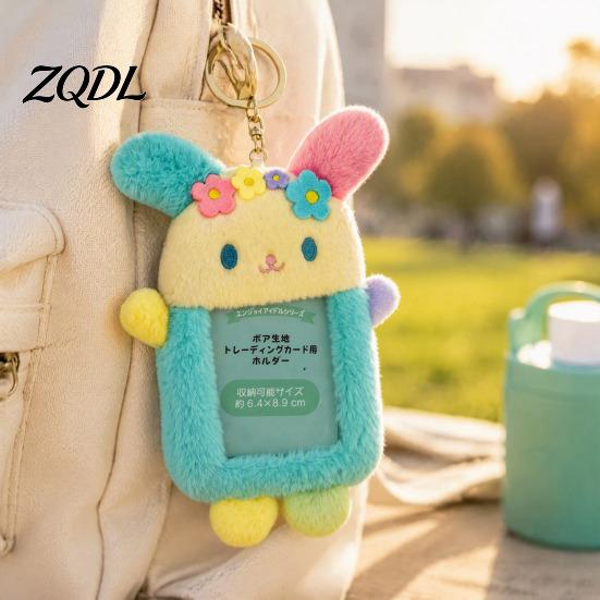 Creative Cartoon Key Ring Cute Fluffy Rabbit Keychain, Plush Card Holder Pendant with Aesthetic Bag Decoration Flower Embroidery, Kawaii Charm