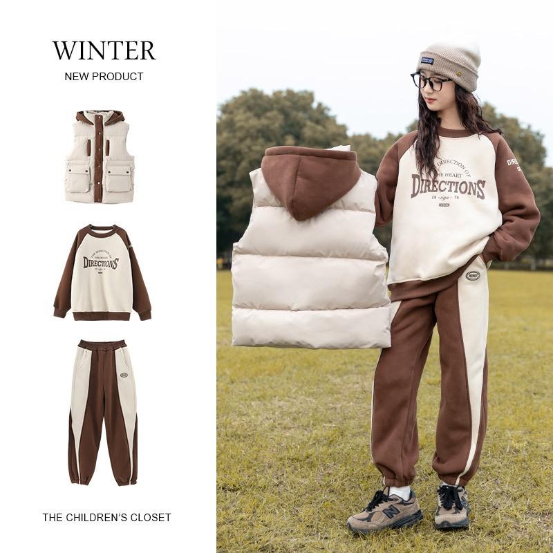 Girls Winter 3-Piece Set Korean Style Padded Vest Thick Fleece Lined Outfit Kids
