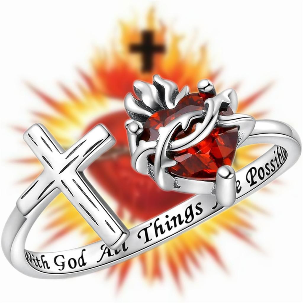 Krásně zpracovaný otevřený prsten s Nejsvětějším Srdcem Ježíšovým, zdobený kreativním trnitým červeným srdcem z umělého křišťálu, šperk