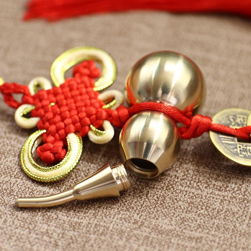 Copper Gourd Five Emperors Coins Chinese Knot Feng Shui Hanging Ornament for Car or Door.
