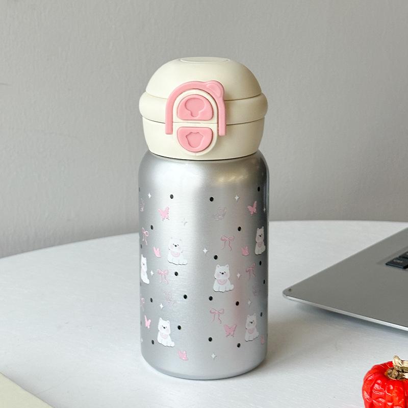 Cartoon cute double drink thermos cup portable elastic cover straw water cup boys and girls planet cat stainless steel