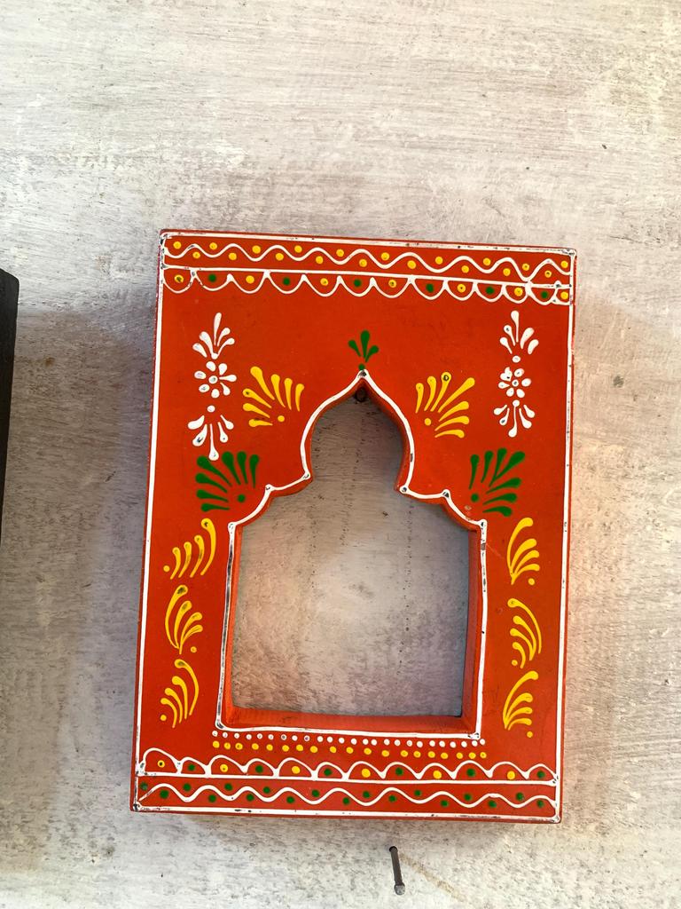 Hand-Carved Wooden Mehrab Wall Frame: Rajasthani Painted Jharokha (Set of 4)
