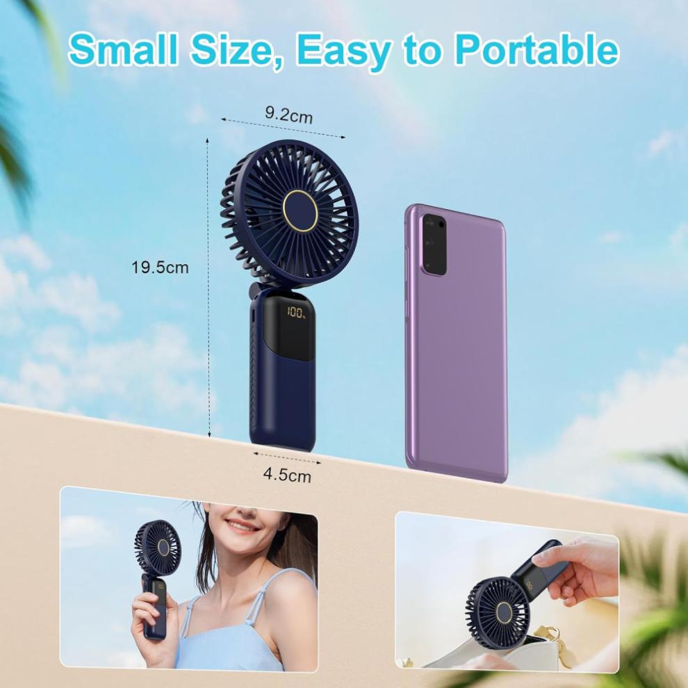 Portable Handheld Fan, USB Rechargeable Personal Cooling Device with 5-Speed Wind Settings, Silent Mode Fast Airflow Technology, Foldable Fan with Int