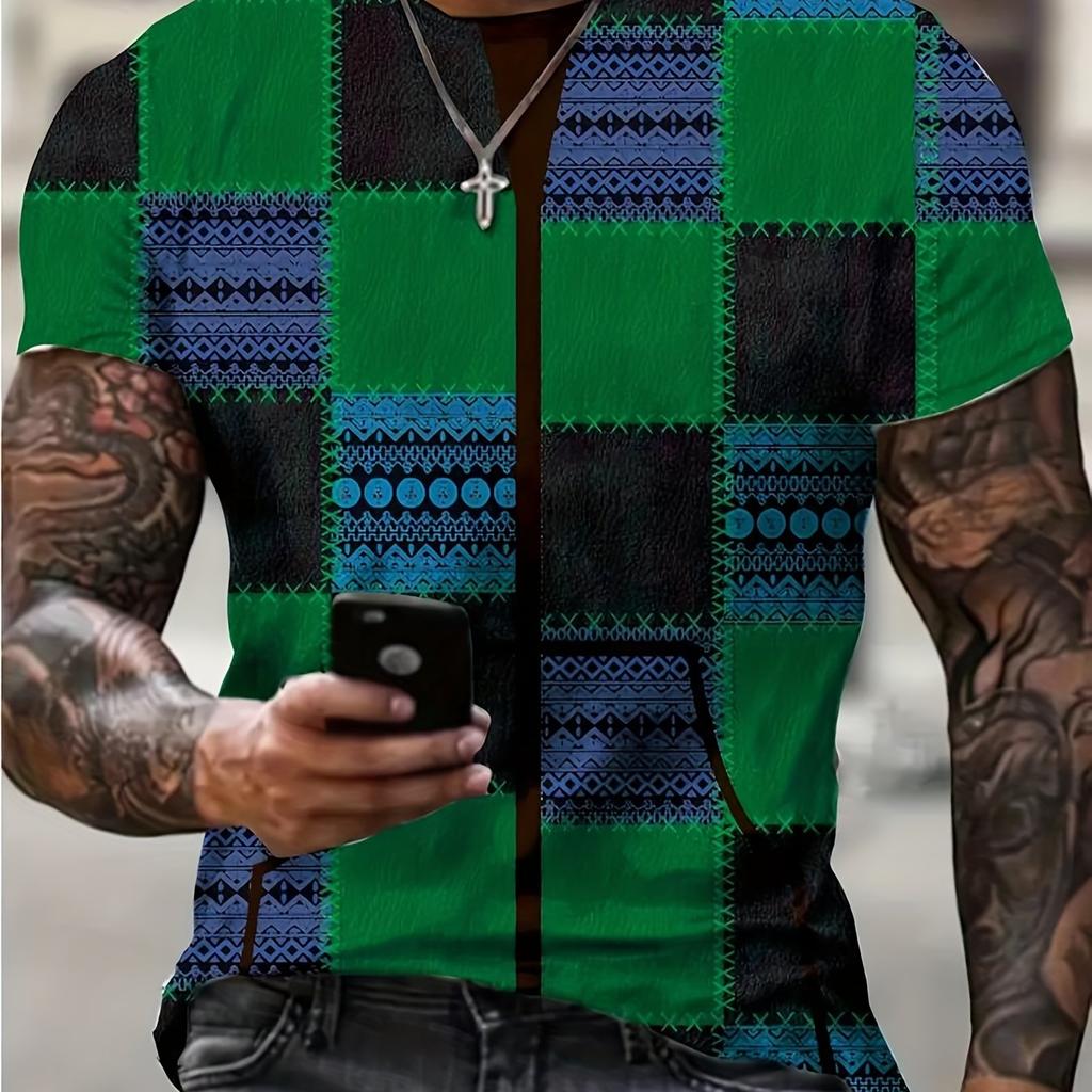 Trendy Károvaný 3D Digitální Vzor Potisk Pánská Grafická Trička, Ležérní Pohodlná Trička, Topy Pulovry s Krátkým Rukávem, Pánské Letní Outdoorové Oblečení