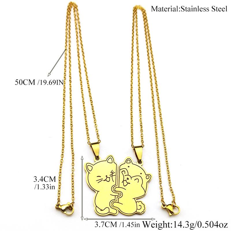 2Pcs Cat Face To Bear Pendant Necklace Women Men Couple Stainless Steel Gold Color Love Friendship Bff Chain Jewelry Set Gifts