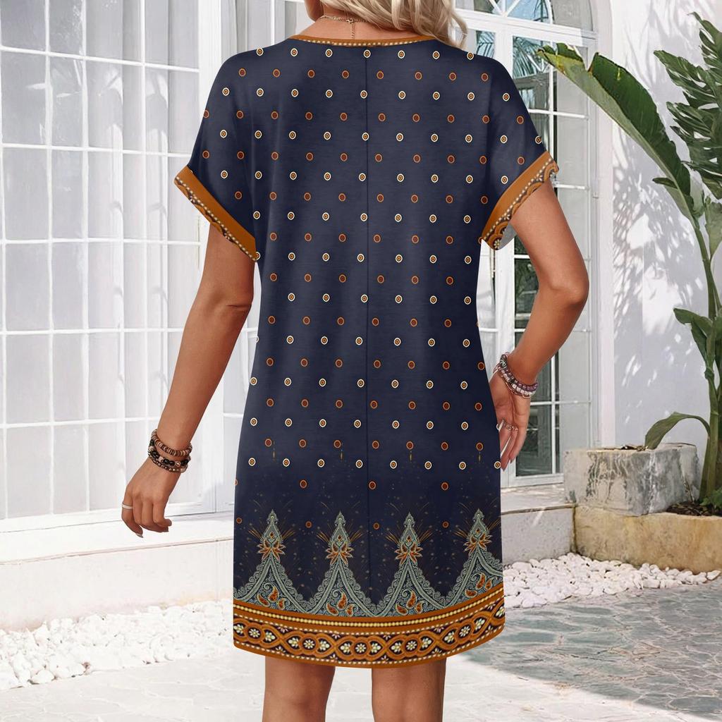 Women's Fashionable Floral Print V-neck Short Sleeved Pocket Casual Pullover Dress