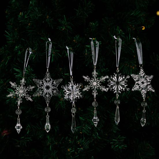 6 Pcs Acrylic Crystal Christmas Ornament Sparkling Clear Snowflake Hanging Ornaments with Drop Pendants for Winter Chandelier Xmas