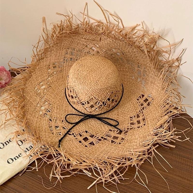 Elegant Raffia Sun Hat With Wide Brimmed And Breathable Openwork Design For Beach Vacation And Outdoor Activities