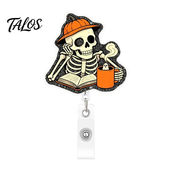 Personalized Badge Holder Halloween Retractable Reel, Skeleton And Pumpkin Design, Acrylic ID Card Office Id with Sturdy Metal Clip for Nurses