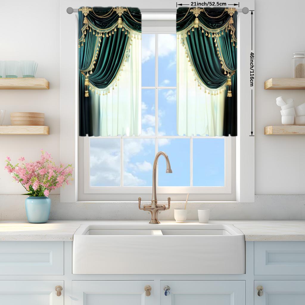 2pcs Green European Style Windows Curtain for Home Decor - Rod Pocket Window Treatment for Bedroom, Office, Kitchen, Living Room