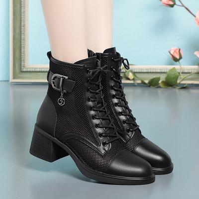 Atmungsaktive Mode Mesh Cutout Lederstiefel Damen Plateau Sandalen Sommer Block Hohe Absätze Knöchel Causal Stiefel