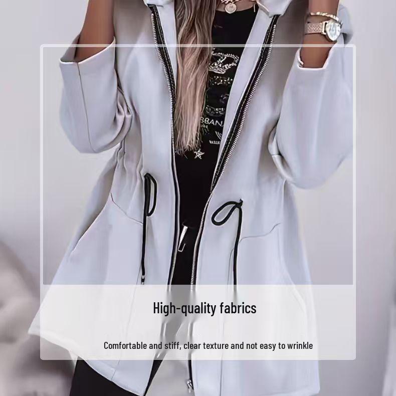 Europäische & Amerikanische Damenmode Reißverschluss Kapuzenjacke Mittellang mit Taillengürtel