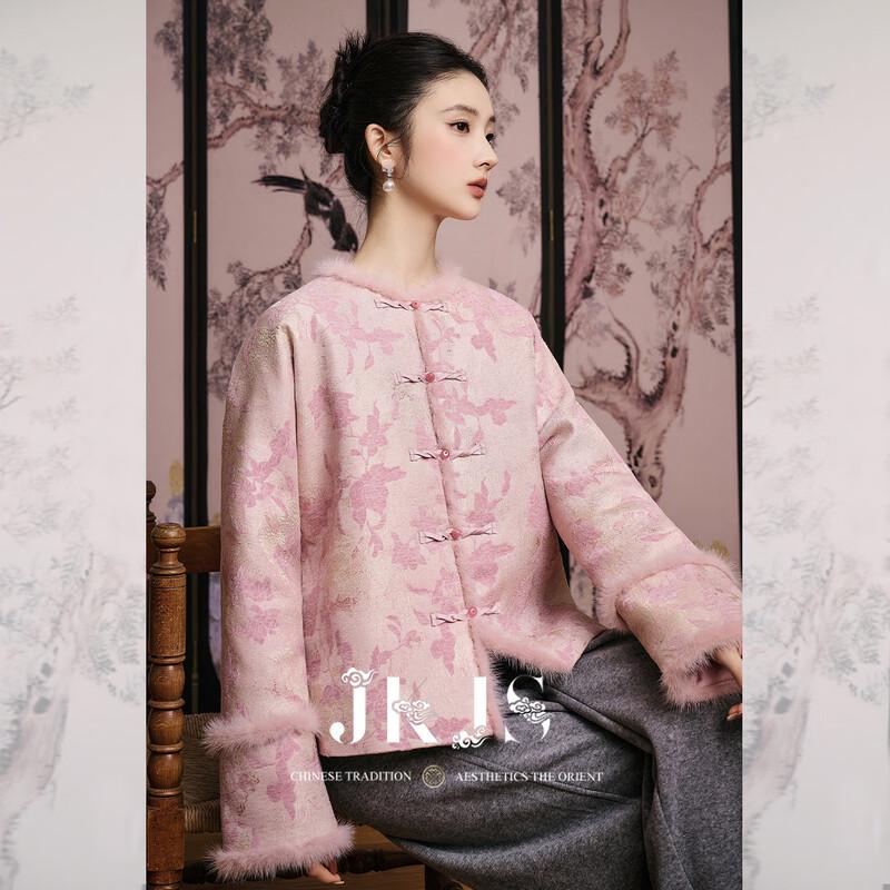 JK&JS Neo-Chinese Style Mink-Trimmed Chenille Jacquard Padded Jacket