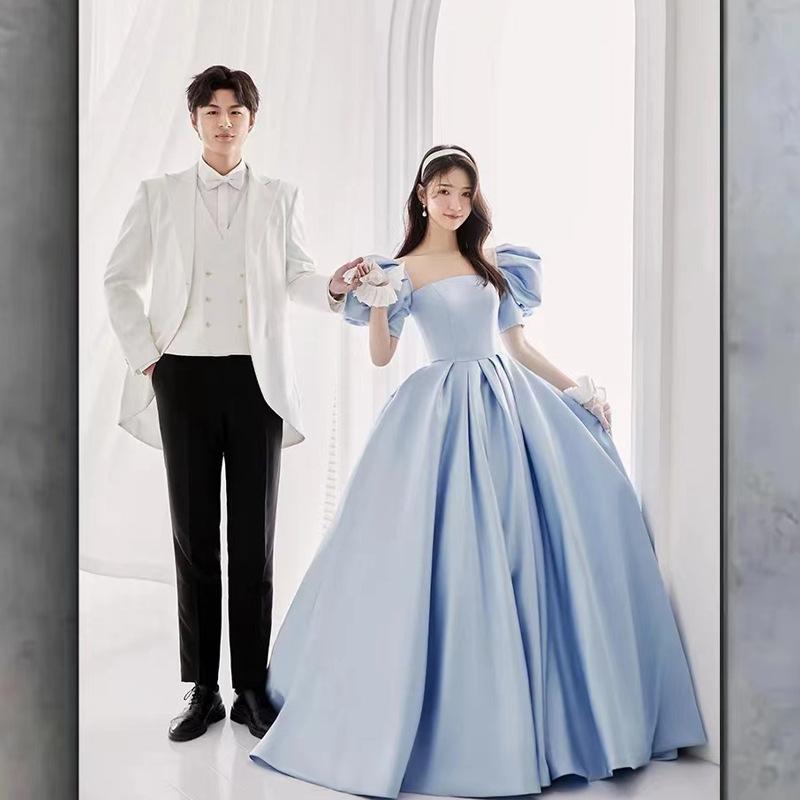 Indoor Long Trailing New Body Main Picture Dress Couple Dress Korean Version Blue Short-sleeved Lawn