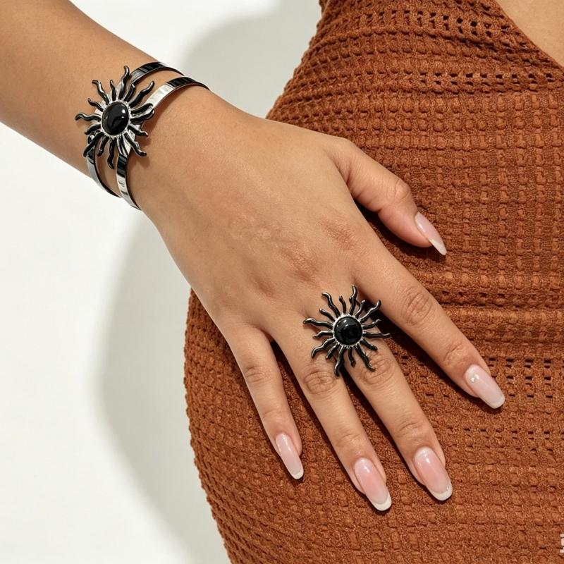Adjustable Jewelry Set with Sun Design Bracelet and Ring, Matching Two Piece Accessory for Party Styling and Gifts