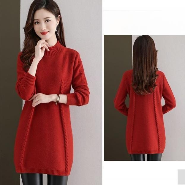 Half Turtleneck Knitted Sweater Women's Casual Long-sleeved Mid-length Sweater Solid Color Autumn and Winter Pullover