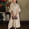Women's Plus Size Maxi Dress Stand Collar V-Neck Long Sleeve Shirt Dress Elegant Solid Color A-Line Dress