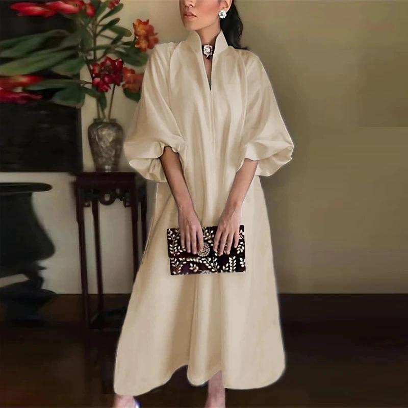 Women's Plus Size Maxi Dress Stand Collar V-Neck Long Sleeve Shirt Dress Elegant Solid Color A-Line Dress