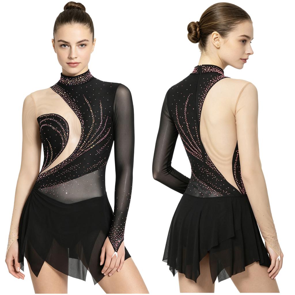 Damen Funkelndes Strass-Trikotkleid Durchsichtiges Netz Langarm Rollkragen Farbblockierung Asymmetrischer Saum für Eiskunstlauf Lateinische Performance