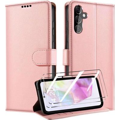 Etui ochronne - BOOLING - dla Samsunga Galaxy A35 5G - Skóra PU i TPU - Różowe -- z 2 Szkłami Hartowanymi