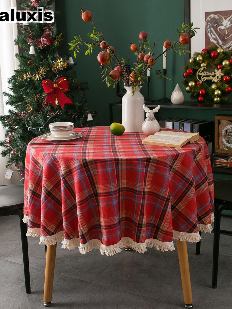 Christmas Plaid Striped Tassel Tablecloth Classic Red Green American Vintage Luxury Party Decoration