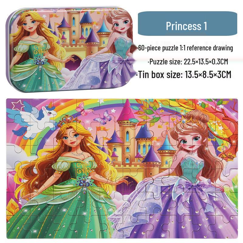 60-Piece Children's Wooden Cartoon Jigsaw Puzzle in Tin Box for Early Education