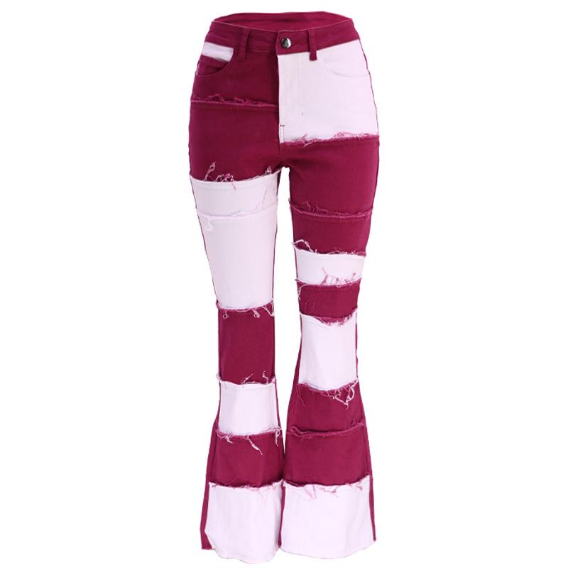 2025 Autumn Color Block Patchwork High Waist Flared Women's Denim Pants