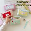 Portable Contrasting Grid Pen Case Dopamine Cute Makeup Bag Casual Cartoon Stationery Box  School