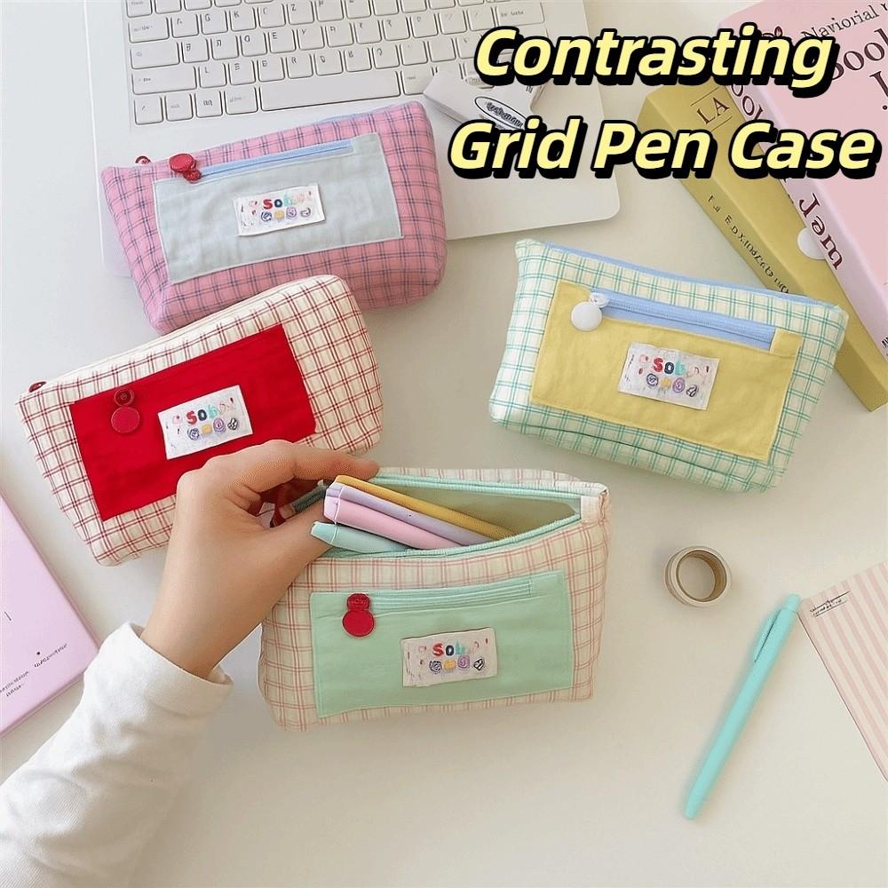Portable Contrasting Grid Pen Case Dopamine Cute Makeup Bag Casual Cartoon Stationery Box  School