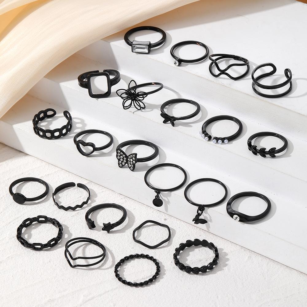 Hohler Blumen-Schmetterlings-Ring, 23-teiliges Set, modischer eleganter schwarzer Diamant-Fingerring, Geschenk, passender Mädchen-Schmuck, Nachtclub, sexy Ring, mehrteiliges Set