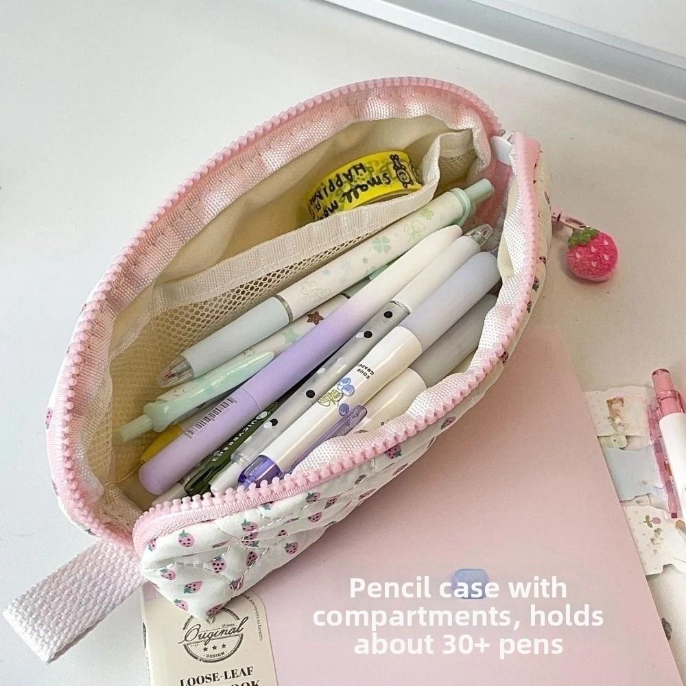 Pink Strawberry Print Stationery Bag with Strawberry Pendant Cosmetic Storage Bag Students Gift