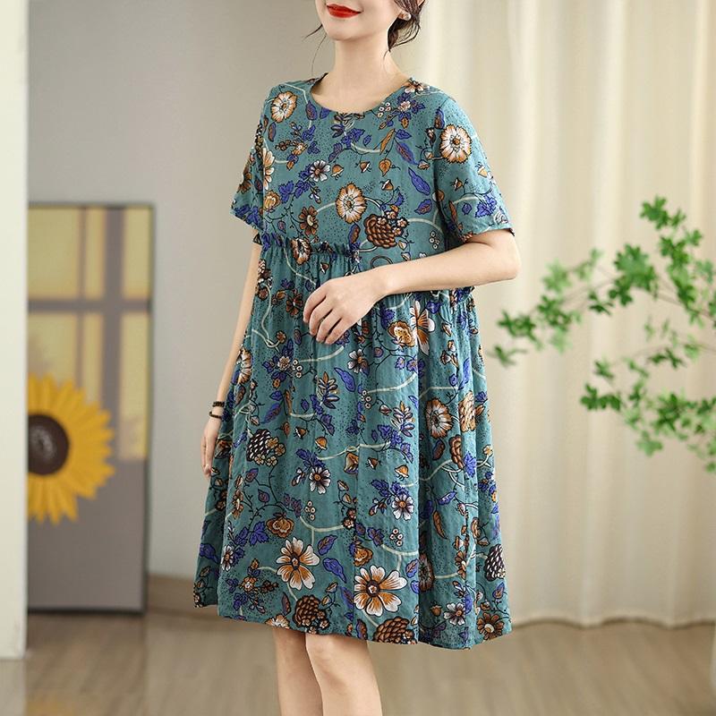 Kurzarm Plus Size Baumwolle Vintage Blumen Neu in Kleidern für Damen lässig locker Midi Sommerkleid